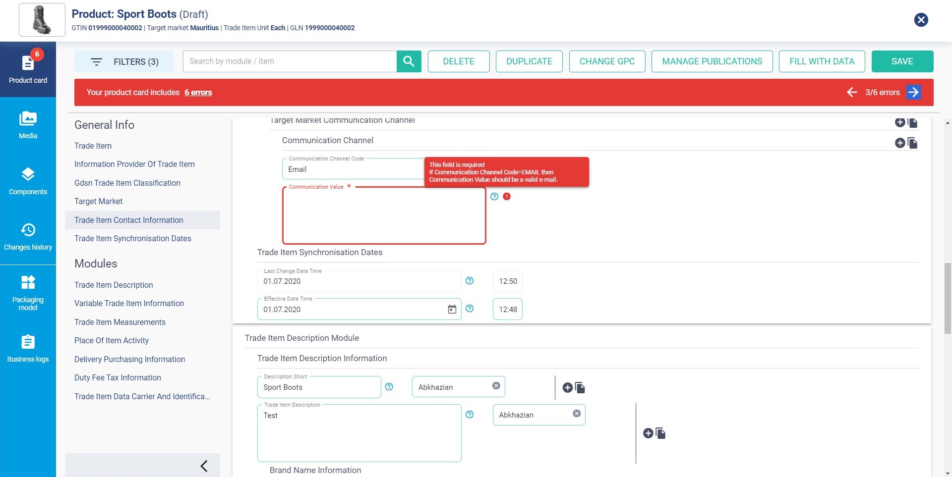 Stammdatenmanagement Fehlermeldungen